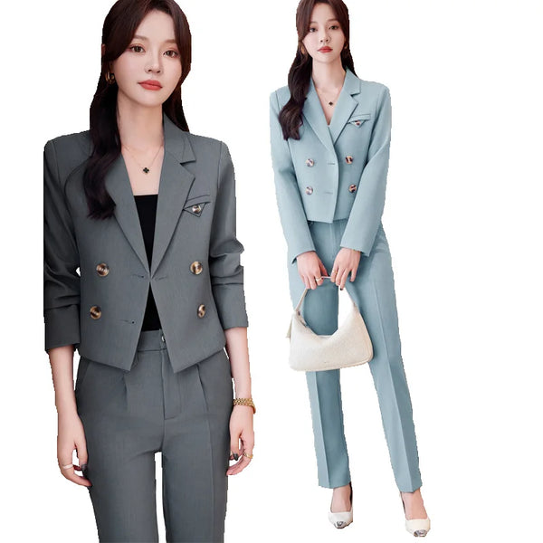 Chic Women's Office Suit Set: Long Sleeve Double Breasted Short Tops with Slim High Waisted Pencil Pants for Spring Fashion