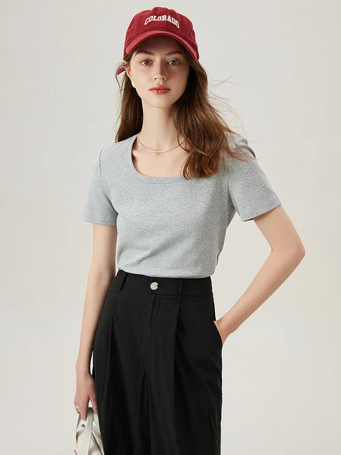 FSLE【4 Colors】Women Round Neck Casual Grey Summer T-Shirt Black Cotton Square Neck Short Sleeve Elastic Tees 24FS12797+24FS12798