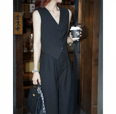 Elegant 3-Piece Korean Business Suit for Women: Stylish Blazer, Sleeveless Vest, and Wide Leg Pants Set for Office and Casual Wear