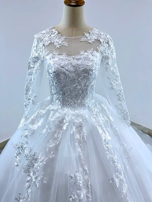 Elegant Summer Long Sleeve Wedding Dresses Lace Ball Gown