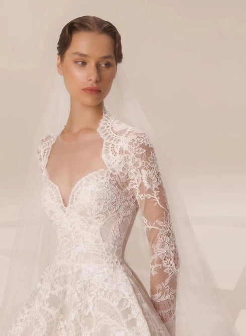 Backless Lace Wedding Dress A-Line Long Sleeve With Ruched Train Custom Made Bridal Gown