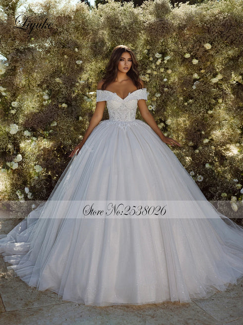 Liyuke Elegant Princess Ball Gown Wedding Dresses With Beading Appliques Lace Off Shoulder For Brides