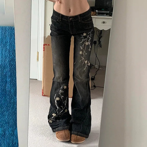 Bootcut Jeans Embroidered Floral High Waist Denim Pants for Women Vintage Streetwear
