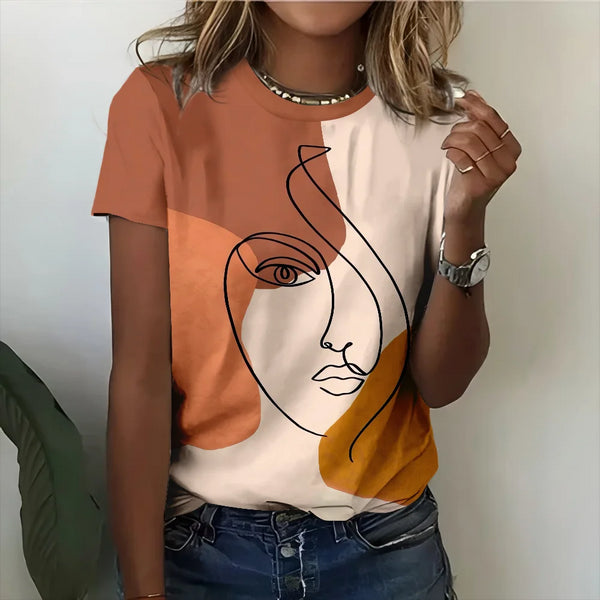 Orange And White Women's Abstract Art T-shirt - Modern Bold Fashion Art Style Summer Round Neck Short Sleeve