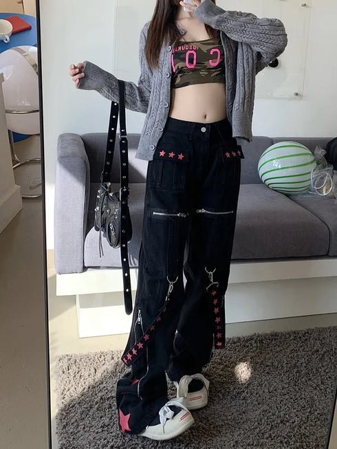Gothic Y2K Baggy Jeans for Women - Trendy Black Denim Straight Leg Trousers for Hip Hop and Harajuku Styles, Perfect for Fall Outfits and Streetwear Fashion