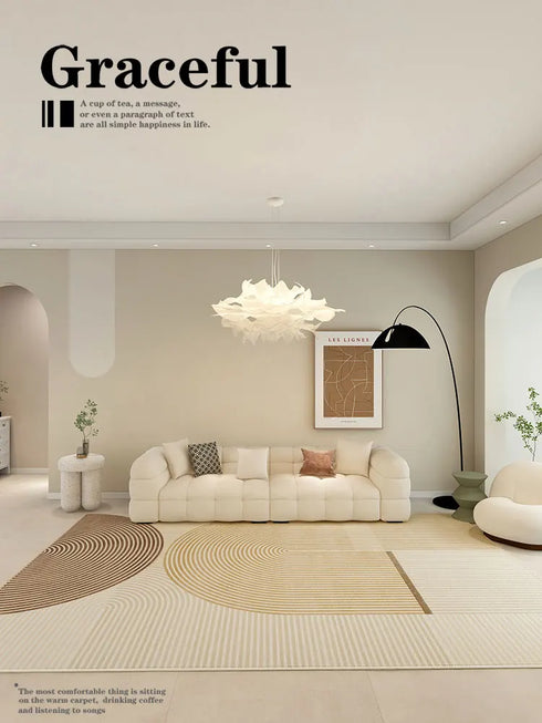 Minimalist Beige Art Stripe Carpet Soft Large Area Rug for Bedroom and Living Room Decor