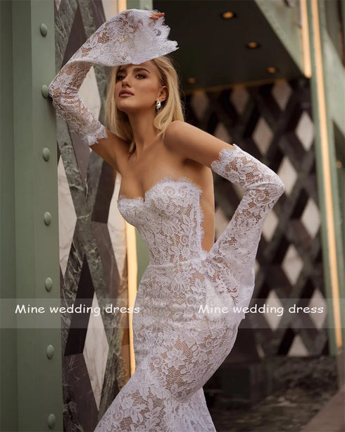 Customized Sweetheart Mermaid Lace Wedding Dresses Backless