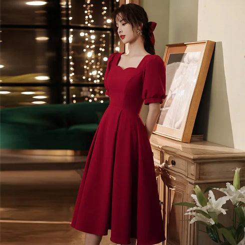 Elegant Red Midi Dress Women Summer Vintage Evening Party Dress Casual Fashion Formal Occasions One Piece Dress