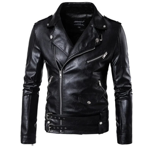 Men's Slim Fit Motorcycle Bomber Leather Jacket with Turn Down Collar and Zipper Pockets for Autumn and Winter Styling