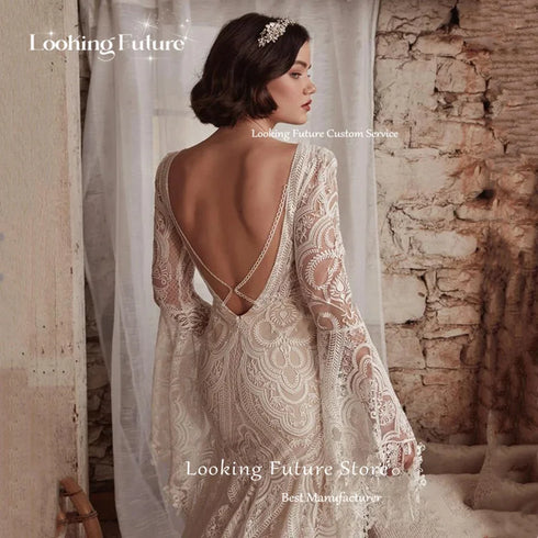 Boho Mermaid Wedding Dress Long Sleeve Lace Illusion V Neck Backless Bridal Gown