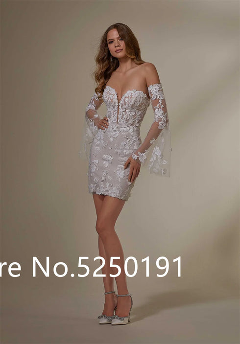 Popular Sweetheart Full Lace Short Sheath Wedding Dresses With Detachable Train 2 In 1 Bridal Gown