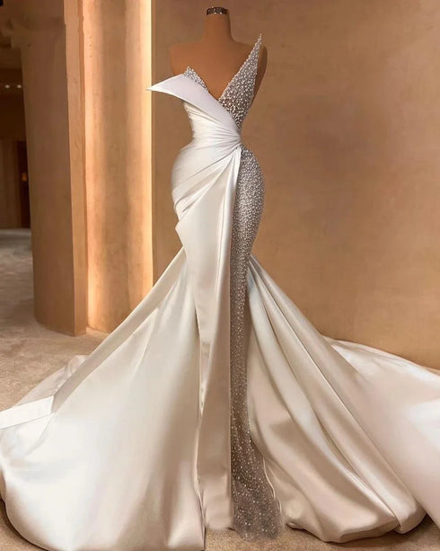 White Elegant Strapless Mermaid Wedding Dresses Pearl Sequins Bridal Gowns Custom Made Dresses