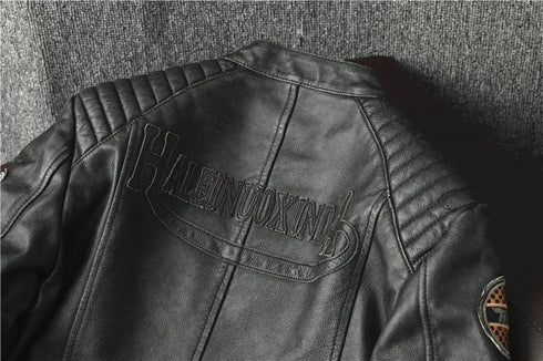 Vintage Genuine Leather Biker Jacket for Men – Slim Fit Cowhide Motorcycle Outerwear with Pockets and Embroidery Details for All Seasons