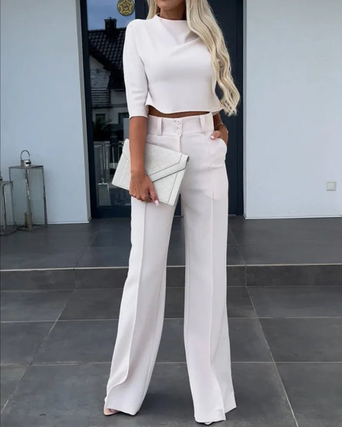 Chic Turtleneck Slim Fit Women's Office Set with Pocketed Flare Pants for Elegant Summer Outfits Inspo