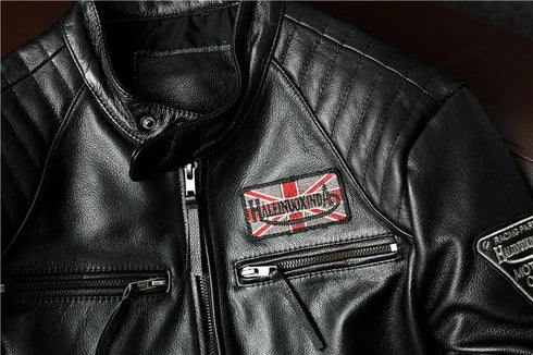 Vintage Genuine Leather Biker Jacket for Men – Slim Fit Cowhide Motorcycle Outerwear with Pockets and Embroidery Details for All Seasons