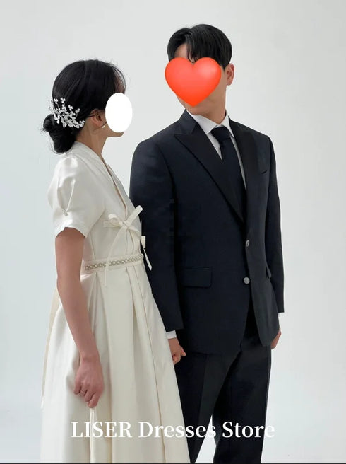 A-Line Elegant Wedding Dress With Lace-Up Back Short Sleeves Silk Satin Modern Gown