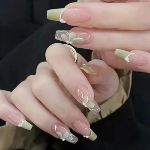 24Pcs Set of Elegant Love Green Diamonds Press on Nails Art with Three-Dimensional Relief Design for Stunning Nail Looks - Perfect for Parties and DIY Nail Decoration