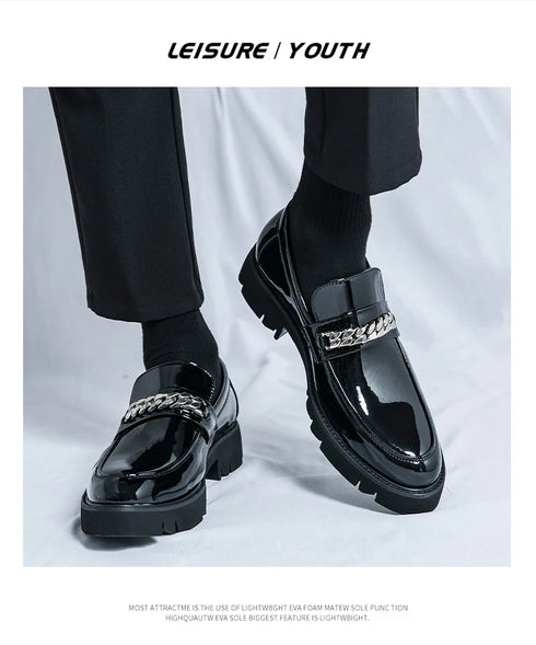 Men's Thick Sole Patent Leather Oxfords - Stylish Slip-On Derby Shoes for Casual and Formal Occasions, Height Increasing Loafers for Ultimate Comfort and Fashion