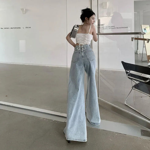 Xpqbb Womens Wide Leg Jeans Casual High Waist Baggy Trousers