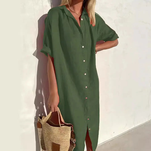 Women's Elegant Summer Shirt Dress Loose Fit Cotton Linen with Pockets
