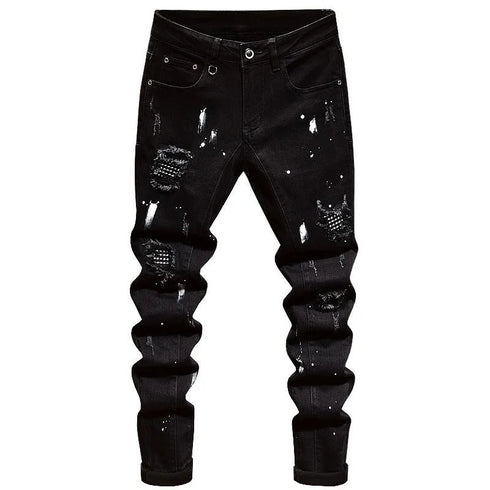 Retro Ripped Black Stretch Jeans Men's Casual Comfort Pants