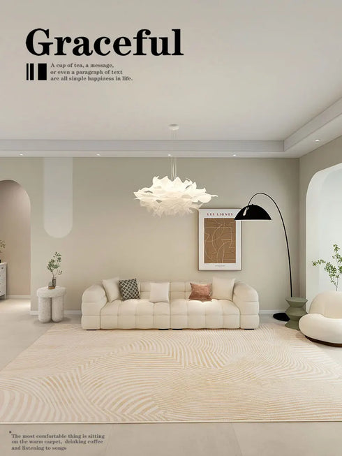 Minimalist Beige Art Stripe Carpet Soft Large Area Rug for Bedroom and Living Room Decor