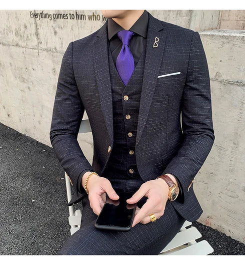Slim Fit Men's Three Piece Suit with Vest and Trousers for Wedding