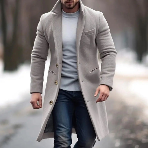 Elegant Men's Woolen Coat with Lapel Pockets - Single Breasted Long Sleeve Jacket Perfect for Autumn and Winter Casual Wear