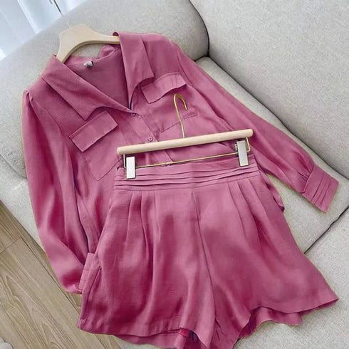 Chic Women's Casual Two-Piece Set for Spring and Summer: Elegant Long Sleeve Shirt and Shorts Outfit for Seasonal Fashion Inspo