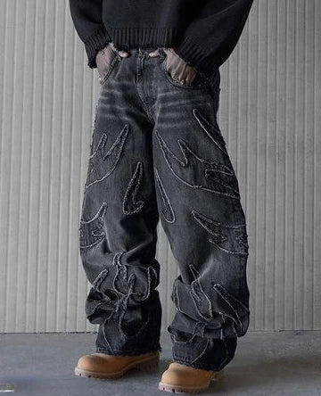 Oversized Distressed Baggy Jeans for Men - Retro Hip Hop Streetwear Trousers with Embroidery