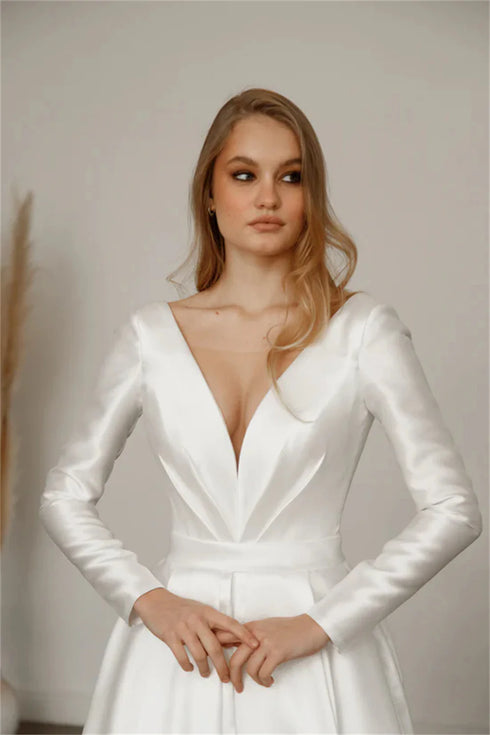 Satin A-Line Long Sleeve Wedding Dress With V-Neck And Lace Up Back, Custom Made Bridal Gown