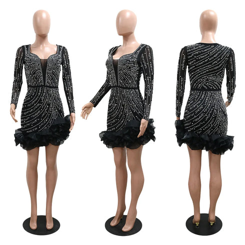 Long Sleeve V Neck Transparent Club Dress with Diamonds