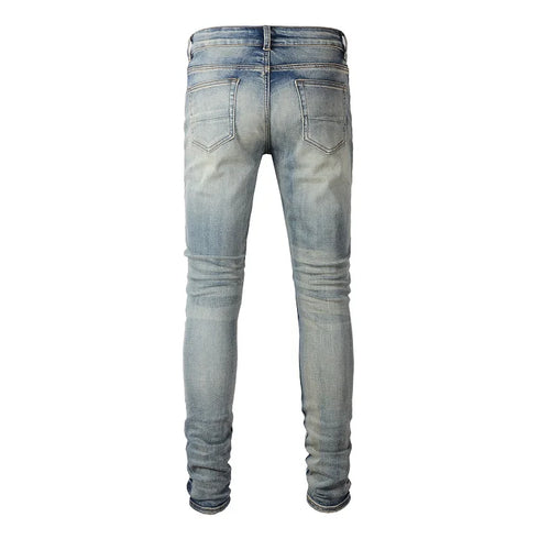 Men's Distressed Biker Jeans with Ripped Patchwork and Stretch Fit