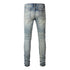 Men's Distressed Biker Jeans with Ripped Patchwork and Stretch Fit