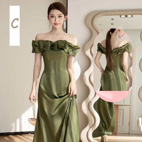 Backless Satin Sleeveless Ankle-Length Evening Dress for Bridesmaid Dress with Built-In Bra and Bow