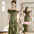 Backless Satin Sleeveless Ankle-Length Evening Dress for Bridesmaid Dress with Built-In Bra and Bow
