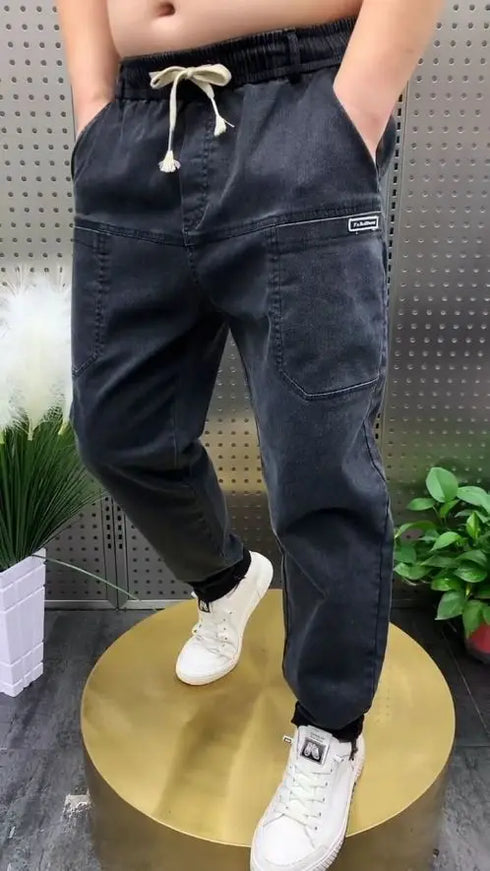 Luxury Baggy Denim Jeans for Men - Washed Streetwear Harem Trousers with Six Pockets, Elastic Waist, Perfect for Spring and Autumn, Casual Medium Wash Jeans Outfit