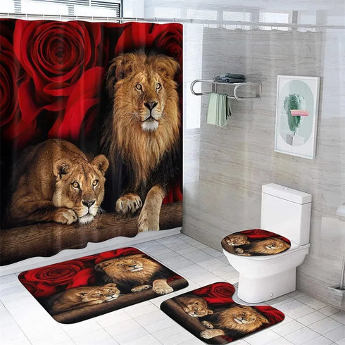 4 Piece Doormat Shower Curtain Set with Non-Slip Rugs Toilet Seat Cover and Bath Carpet for Bathroom Decor