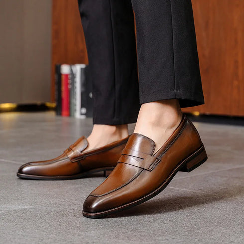 Elegant Genuine Leather Slip-On Oxford Loafers for Men - Formal and Casual Dress Shoes for Office & Career with Pointed Toe Design
