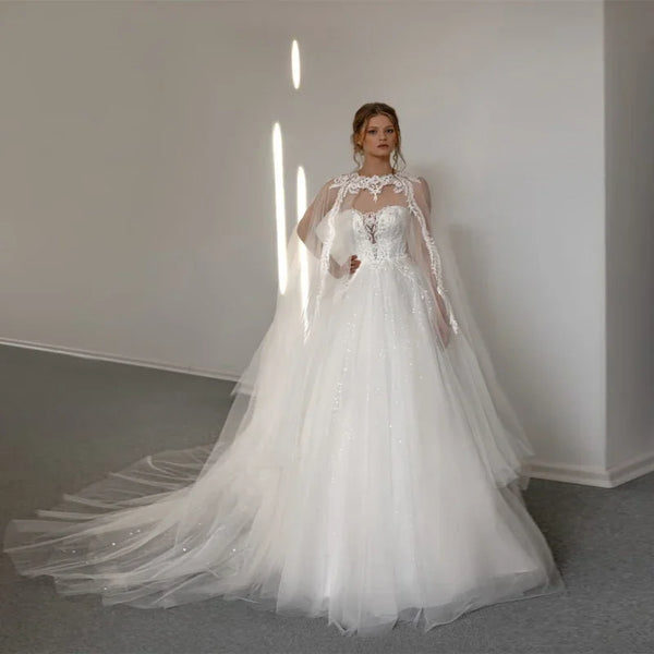 A-Line Boho Wedding Dress With Appliques, Strapless Sweetheart Neckline, Lace Up Back, Tulle, Floor-Length Bridal Gown