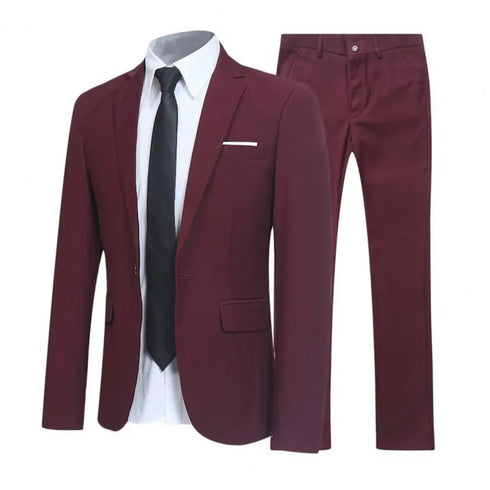 1 Set Men Jacket Pants Solid Color Turndown Collar Slim Fit Business Suit Set for Wedding Office