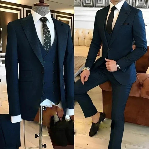 Elegant Blue Men Suits Luxury 3 Piece Jacket Pants Vest Set Slim Fit