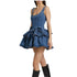 Chic Summer 3D Floral Denim Mini Dress Vintage A Line Halter Jean Fashion Clothing