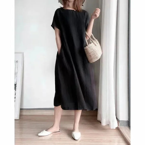 Loose Fit Slimming Cotton Linen Dress for Women Summer Plus Size Mid-Length Skirt