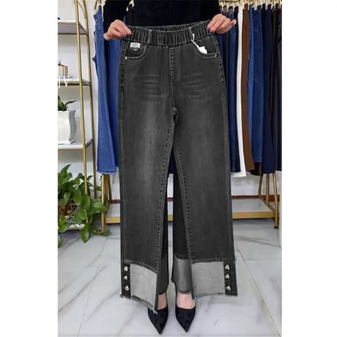 Elastic Waist Jeans For Women High Waist Wide Leg Denim Pants Loose Fit Casual Trousers