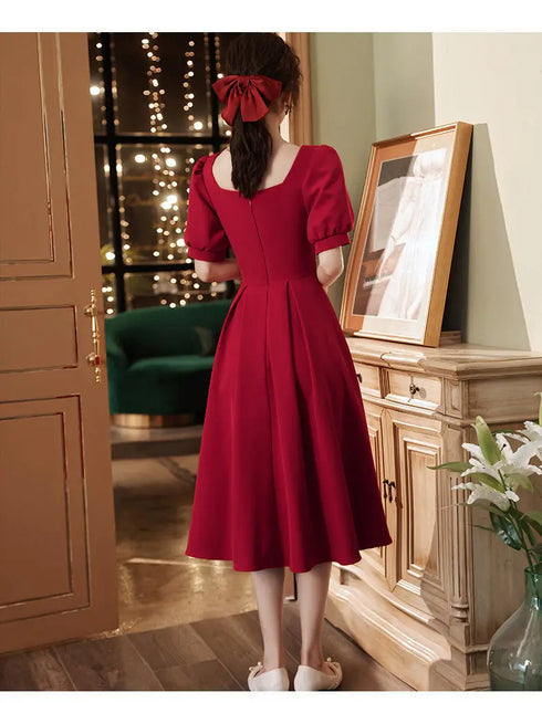 Elegant Red Midi Dress Women Summer Vintage Evening Party Dress Casual Fashion Formal Occasions One Piece Dress