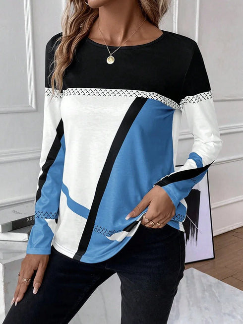 Casual Women's Geometric Print Long Sleeve T-Shirt Loose Fit O-Neck Tee