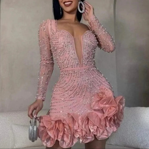 Long Sleeve V Neck Transparent Club Dress with Diamonds