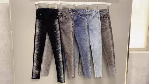 Fashion Rhinestone Jeans Female High Waist Slim Pencil Pants