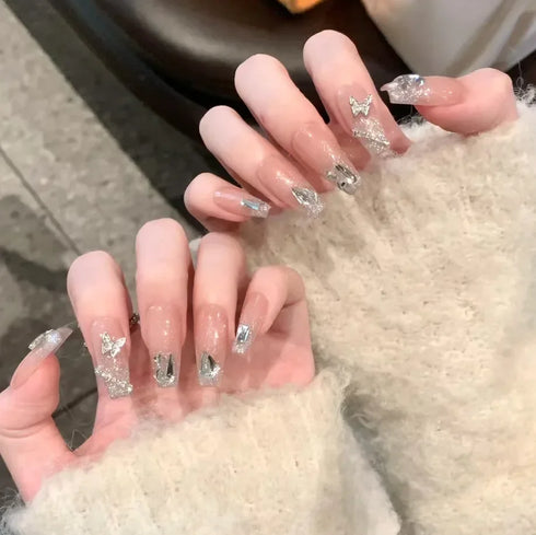 24Pcs Long Acrylic Ballet Fake Nails with Rhinestone Chain Design - Full Cover Press-On Nail Tips for Stylish Nail Art Enthusiasts